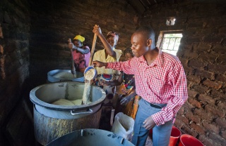 Man stirring a large iron pot of porridge