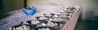 A row of bowls full of rice