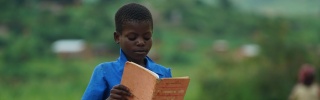 A young boy reads a book
